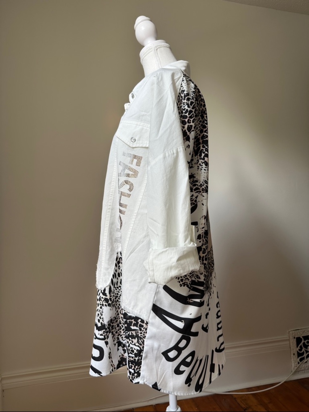 FRANK LYMAN Leopard & Typography Collared Shirt Sparkle Glam Unique Maximal XL - Picture 6 of 10